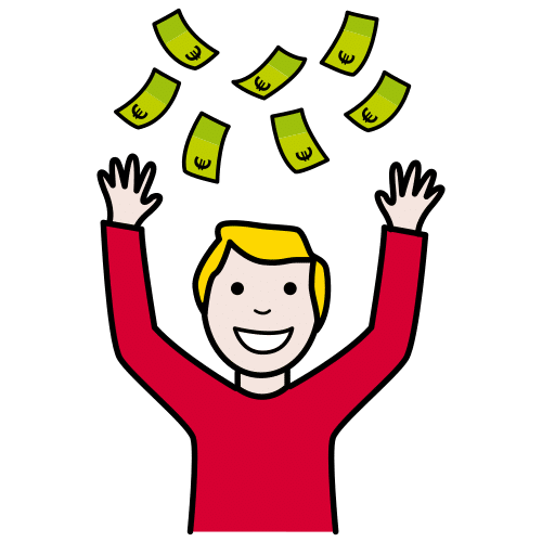 La imagen muestra una persona muy contenta con los brazos hacia arriba, mirando como cae dinero del cielo.