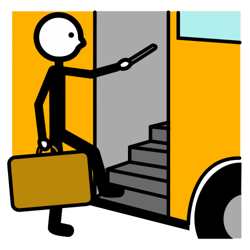 La imagen muestra a una persona subiendo a un autobús con una maleta en la mano.
