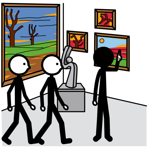 La imagen muestra a tres personas visitando una sala de arte contemplando pinturas y esculturas.