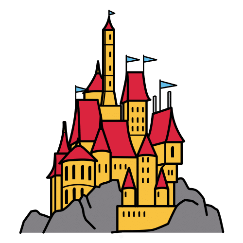 La imagen muestra un palacio con enormes torreones encima de una elevación del terreno.