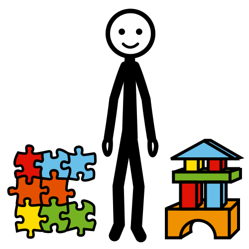 La imagen muestra una persona en el centro. En el lado izquierdo aparece un puzzle y en el lado derecho un juego de construcciones.