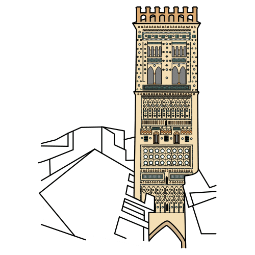 La imagen muestra una torre con muchas ventanas y almenas junto a otras edificaciones.