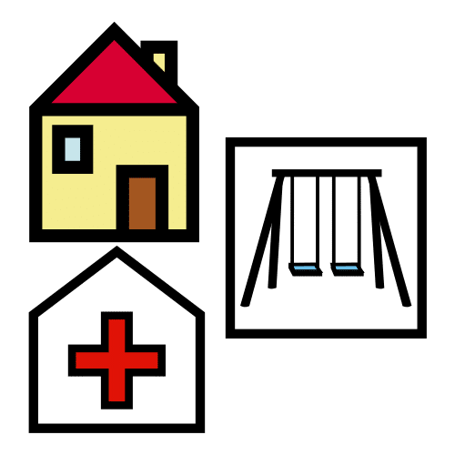 La imagen muestra diferentes lugares: un hospital, un parque y una casa.