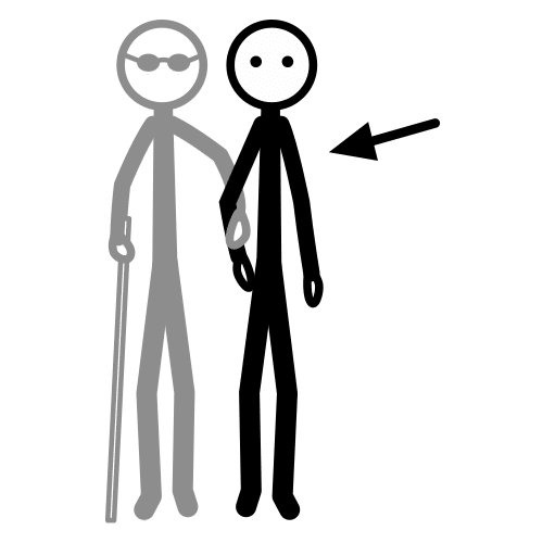 La imagen muestra a una persona guiando a otra ciega con gafas oscuras y un bastón.