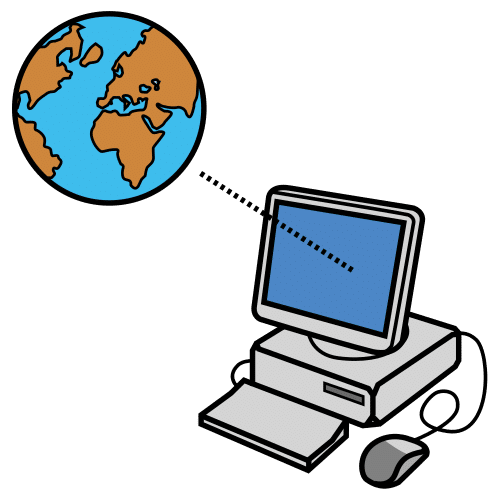 La imagen muestra un ordenador de mesa y una bola del mundo con una línea discontinua que va hacia la pantalla del ordenador.