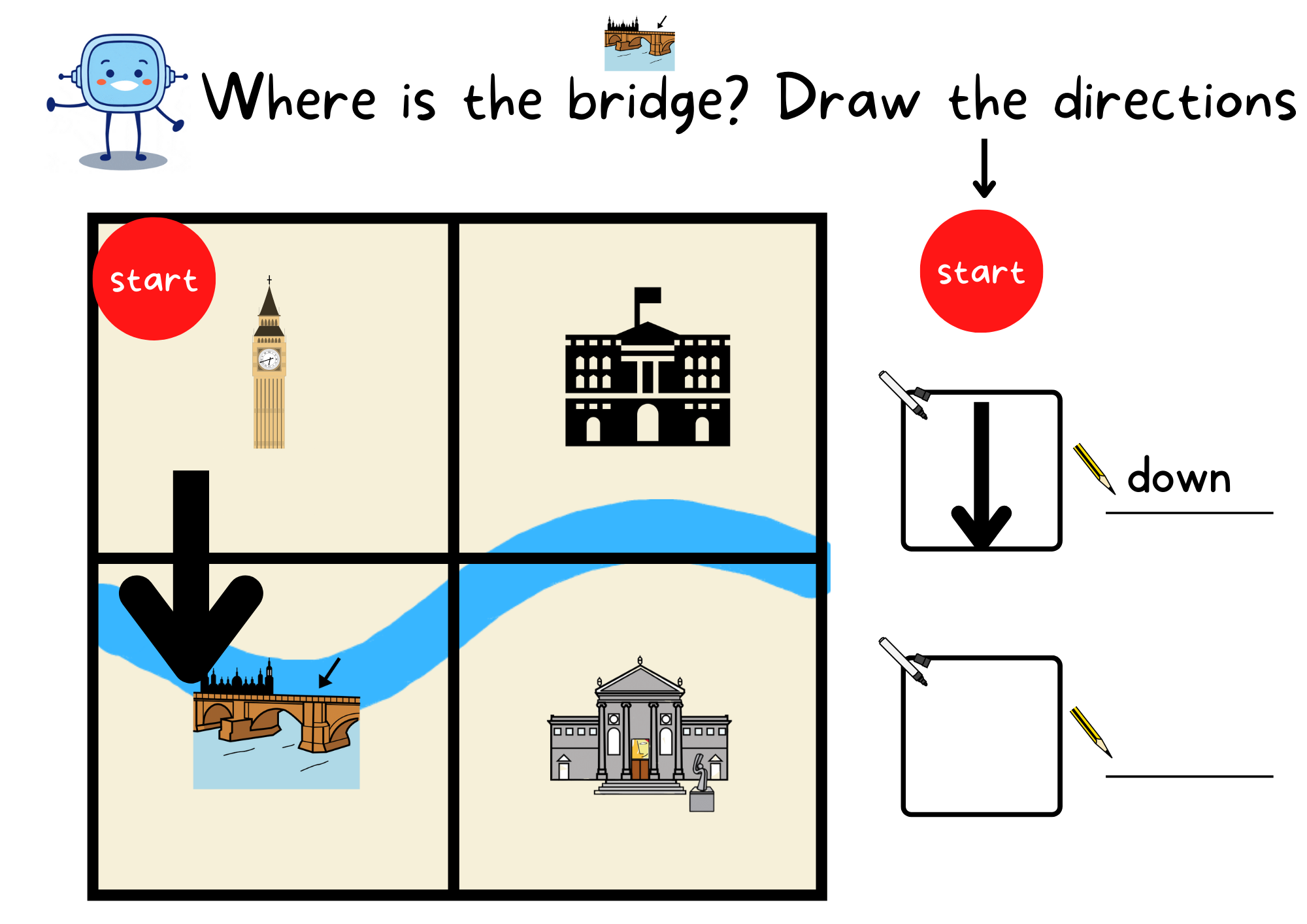 La imagen muestra un mapa cuadriculado y las direcciones que se tienen que seguir para llegar al puente, a modo de ejemplo.
