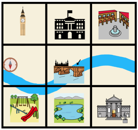 La imagen muestra un mapa segmentado en una cuadrícula, en dicho mapa podemos ver una torre (Big ben), un palacio, una plaza, un puente, un parque, un lago y un museo. 