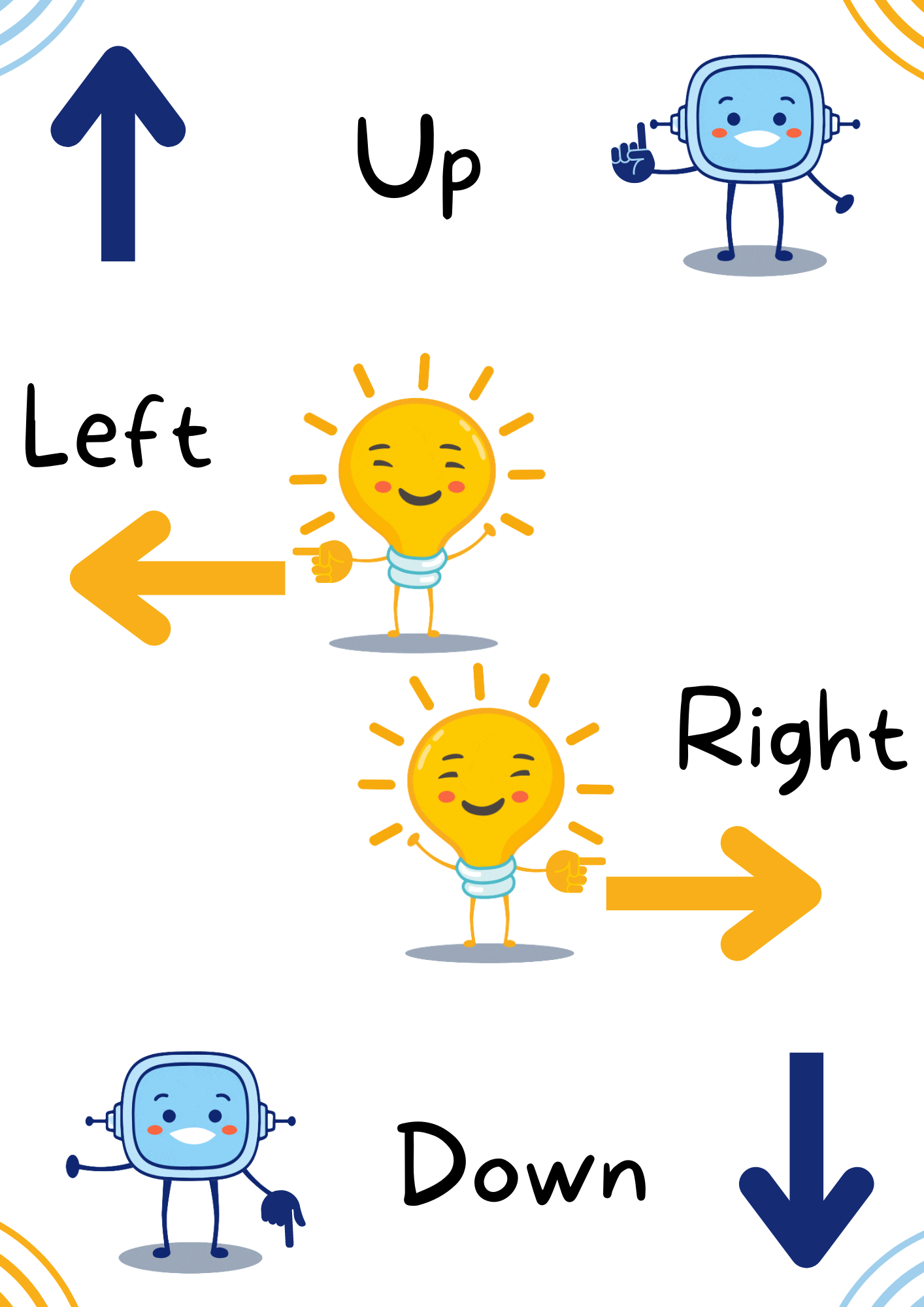 La imagen muestra las 4 direcciones en inglés: up and down; right and left.