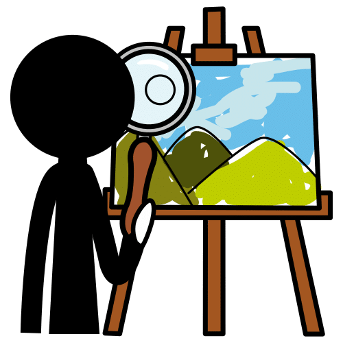  La imagen muestra una persona apreciando el paisaje de una obra de arte con una lupa.