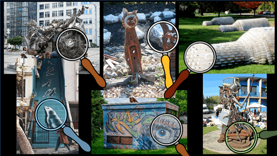 La imagen muestra un collage hecho con 6 imágenes de arte callejero, en cada una de ellas se añade además una lupa para hacer un zoom sobre un detalle de la misma.