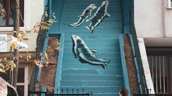 La imagen muestra una escalera color turquesa en un callejón y a lo largo de sus escalones aparecen pintados ocho delfines.
