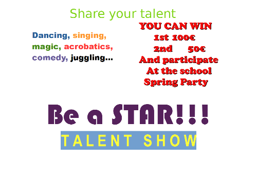 La imagen muestra un cartel con la convocatoria de un concurso de talentos, las categorías para participar, premios