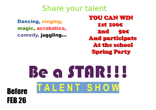 La imagen muestra un cartel con la convocatoria de un concurso de talentos, las categorías para participar, premios, fecha límite de inscripción