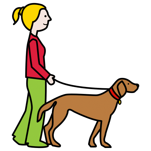 La imagen muestra una chica con su perro atado con correa.