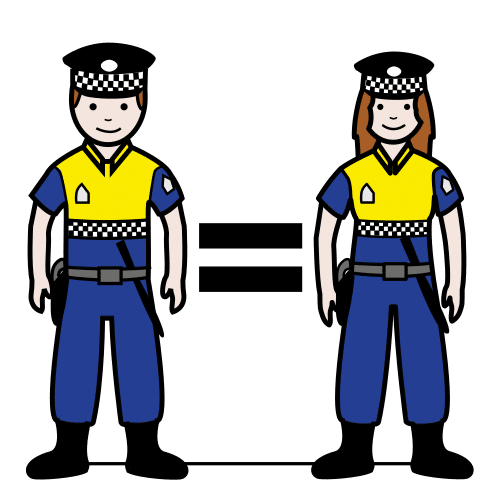 La imagen muestra a un hombre y una mujer policías unidos por un símbolo de igualdad. 