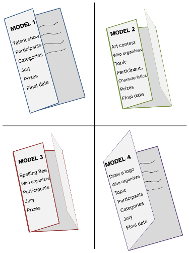 La imagen muestra cuatro modelos de folletos distintos.
