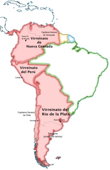 Mapa de las posesiones españolas en América del Sur hacia el siglo XVIII