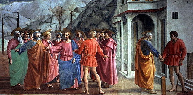 El Tributo. Masaccio revoluciona la pintura a través del uso de la perspectiva y una original composición mediante la cual es capaz de representar en un solo espacio tres acontecimientos sucesivos
