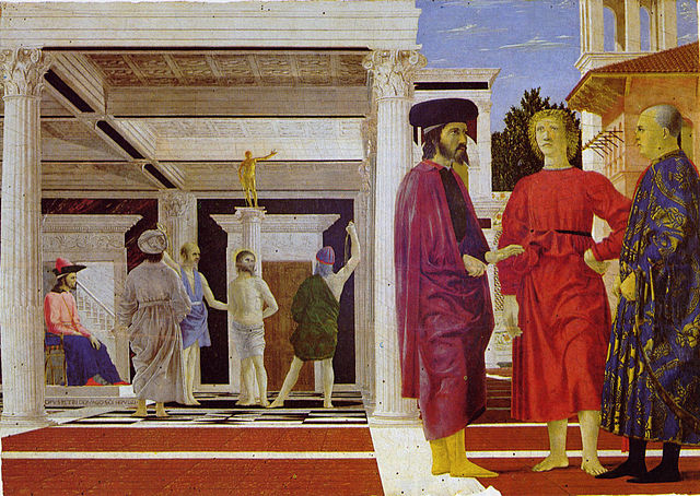 La flagelación de Cristo es una buena muestra de esa sobriedad geométrica tan propia de Piero della Francesca