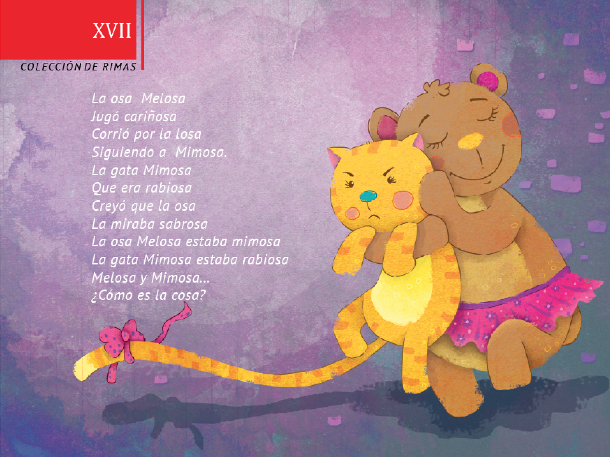 Imagen de la portada del libro de colección de rimas,donde aparece un poema y una osa abrazando a un gatito. 