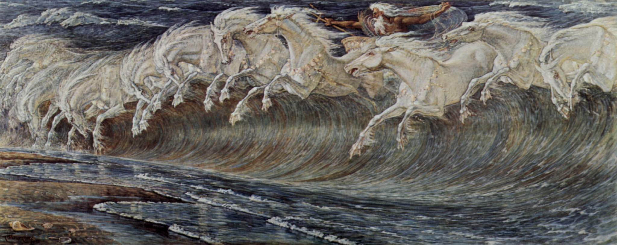 Imagen de la orilla del mar con olas y caballos corriendo.