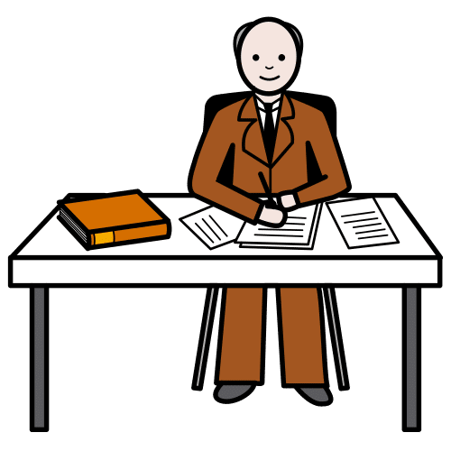 Imagen de un señor con traje marrón sentado en una mesa escribiendo sobre papeles y un libro al lado.