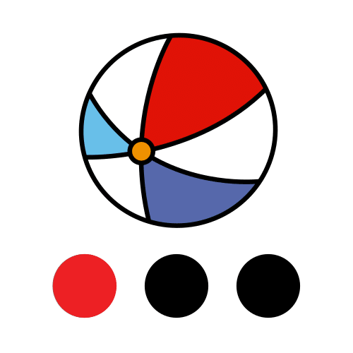 Imagen de una pelota de colores con tres círculos debajo de diferenttes colores.