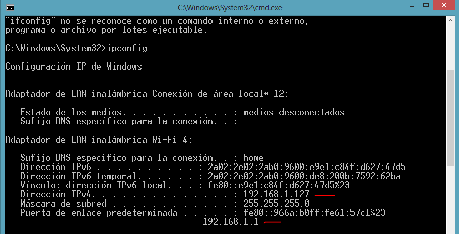 Captura de imagen del comando ipconfig de Linux
