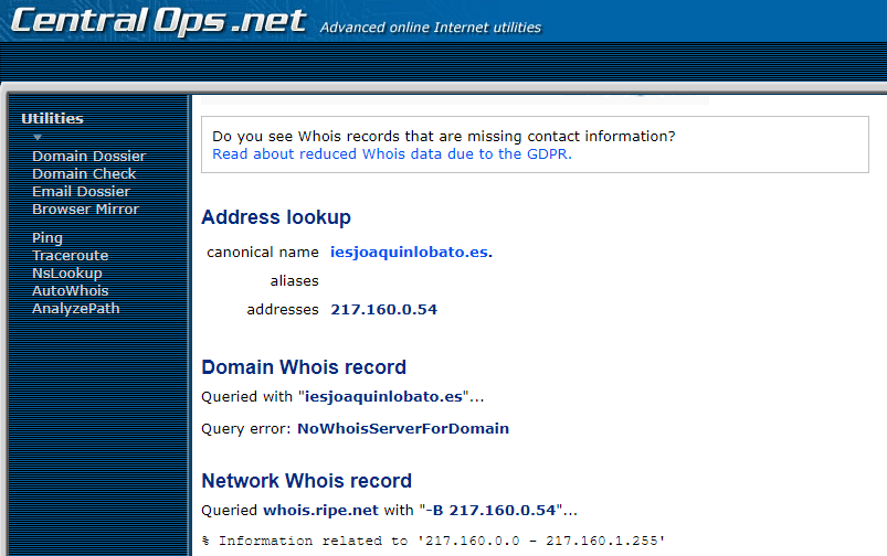 Captura de imagen de Centralops.net sobre el protocolo whois