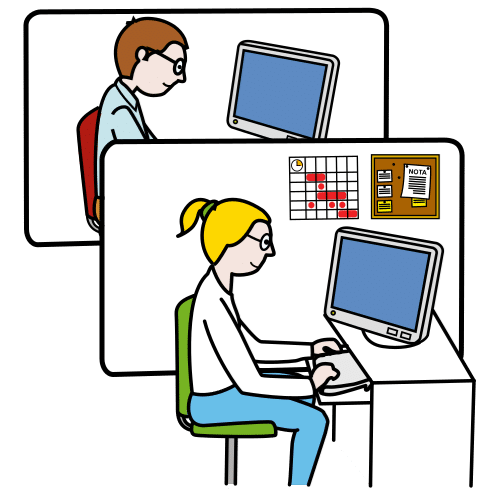 La imagen muestra, en la parte superior, a un hombre con gafas trabajando en una oficina. En la parte inferior aparece una mujer rubia, sentada en una silla, trabajando en una oficina. 