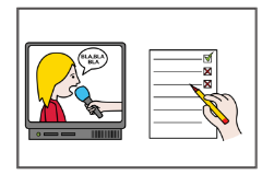 La imagen muestra a una persona entrevistando a otra en la televisión y , al lado de ella, una encuesta en formato papel.