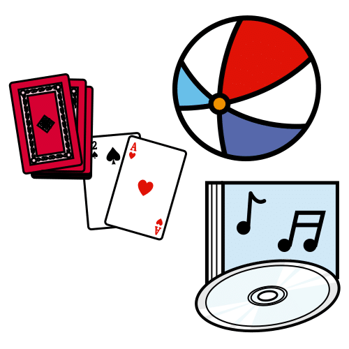 La imagen muestra una pelota, una baraja de cartas y un disco de música.