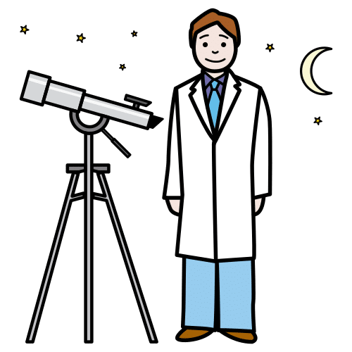 La imagen muestra a una persona con una bata y un telescopio.