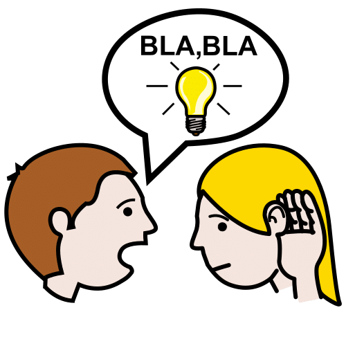 La imagen muestra a un hombre y a una mujer hablando. La mujer se toca la oreja y sobre el hombre aparece un bocadillo pensante con una bombilla en su interior.