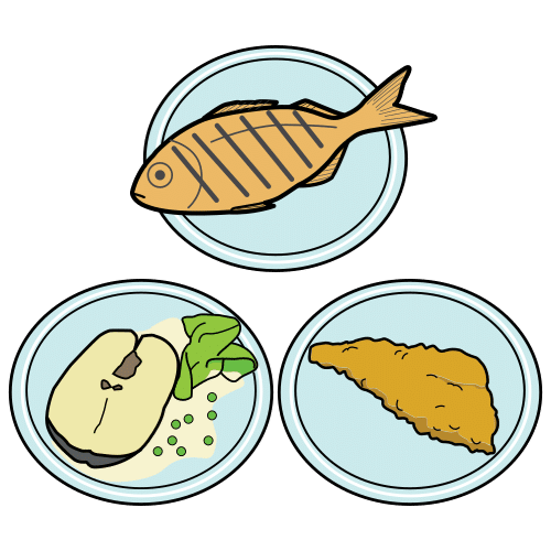 En la imagen aparecen varios platos para comer con distintos tipos de pescado