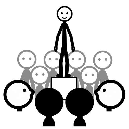 La imagen muestra a un grupo de personas alrededor de un personaje central que parece que se está dirigiendo al grupo