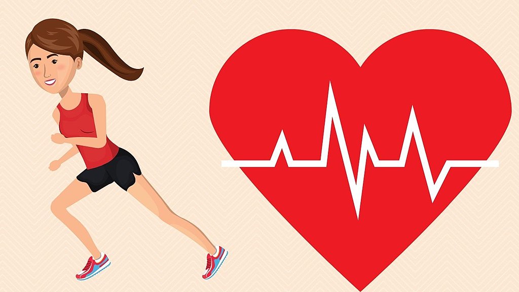 La imagen muestra una mujer corriendo y un corazón con un electrocardiograma en su interior