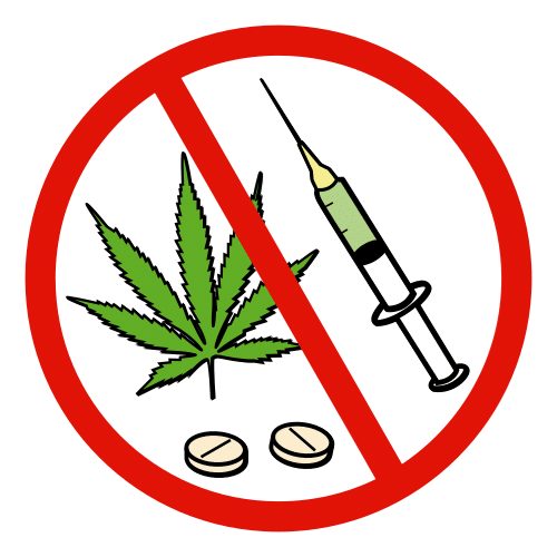 La imagen muestra una señal de prohibido con drogas