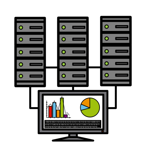 La imagen muestra tres servidores de datos conectados a una pantalla.