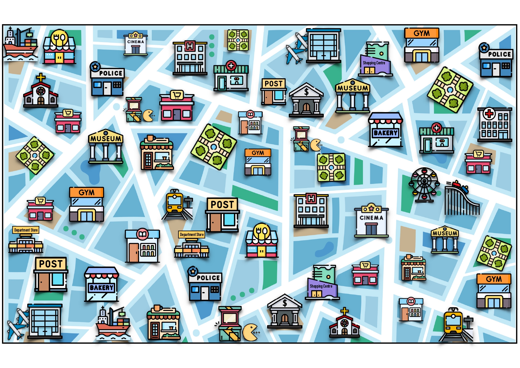 La imagen muestra un mapa de ciudad del que se van a hacer las preguntas de esta actividad