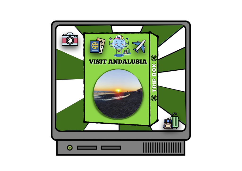 La imagen muestra una televisión mostrando una publicidad de una caja que pone: visit Andalusia y salen ilustraciones de Rétor disfrazado de viajero, un pasaporte y unas maletas. 