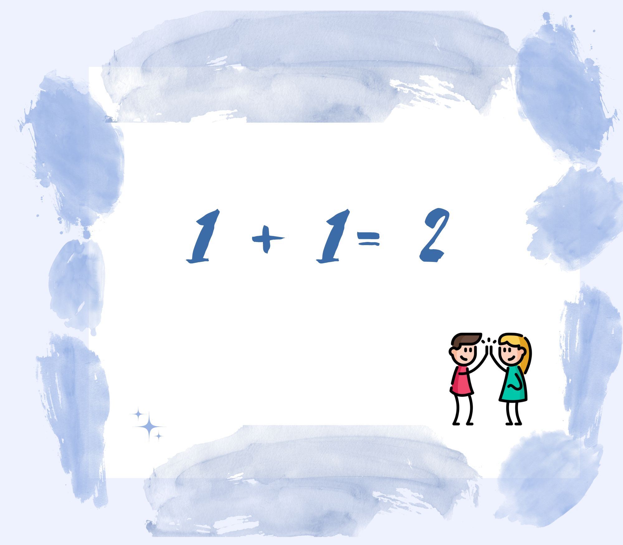 La imagen muestra una operación matemática muy simple y una ilustración de un chico y una chica que chocan la mano en señal de alegría o satisfacción.