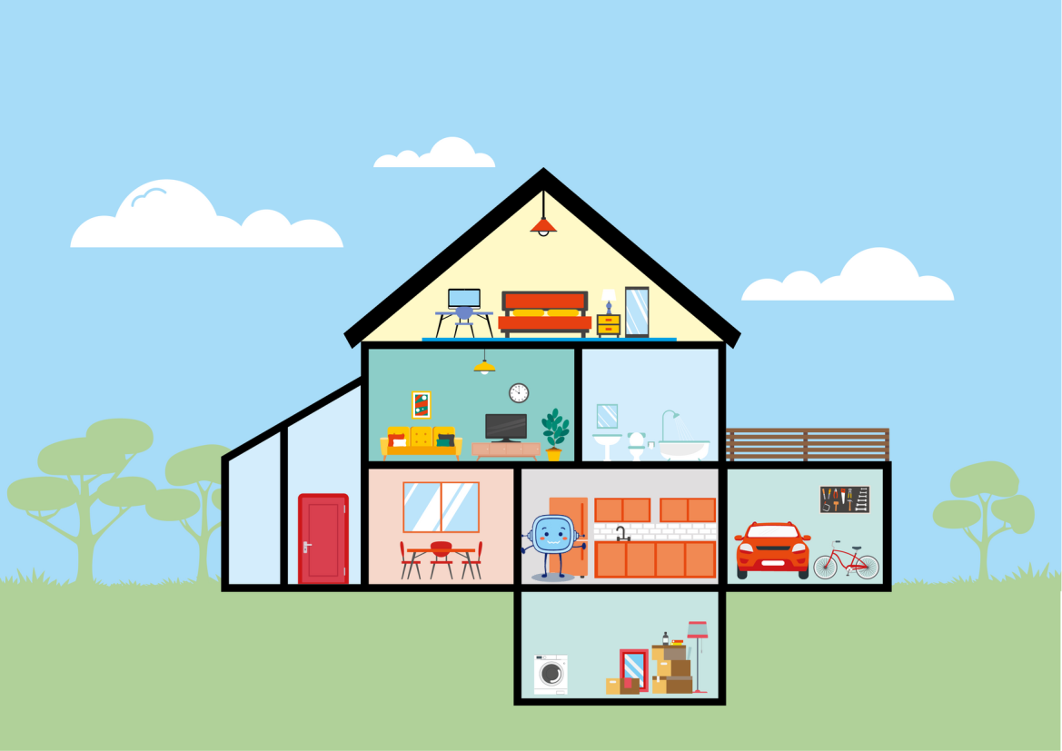 En la imagen puedes ver un dibujo de una casa con varias habitaciones y el personaje Rétor escondido en la cocina