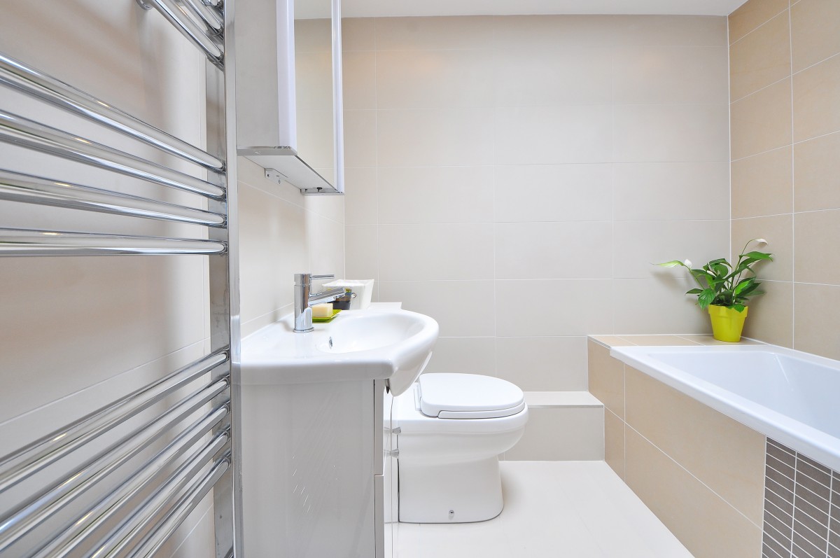 En la imagen aparece un cuarto de baño en el que se ve una bañera con una planta, un váter, un lavabo y un secador de toallas de barras