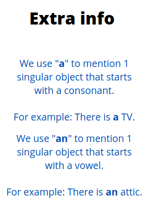 En la imagen puedes ver la explicación y ejemplos de cómo usar un/una en singular en inglés: a/an. A seguida de consonante, an seguida de vocal