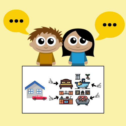 En la imagen puedes ver una infografía de un niño y una niña juntos presentando un mural en el que han diseñado una casa y explicando sus habitaciones y muebles