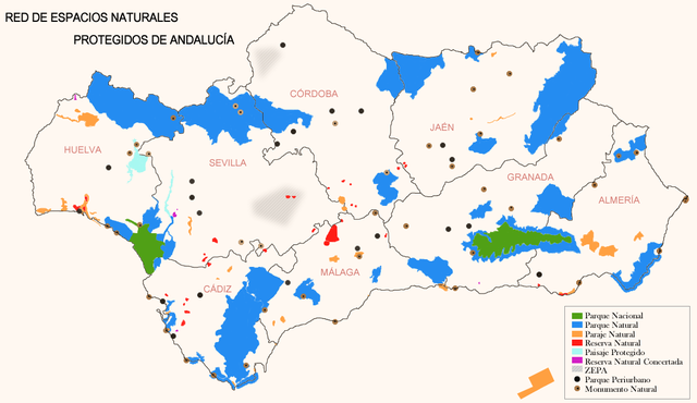 Mapa de espacios naturales protegidos de Andalucía