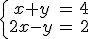\left\{\begin{matrix} x+y & = & 4\\  2x-y& = & 2 \end{matrix}\right.