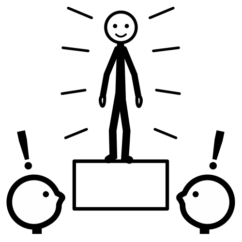 La imagen muestra a tres personas. Una de ellas está de pie sobre una caja, sonriendo y llamando la atención. Las otras dos personas lo miran sorprendidos