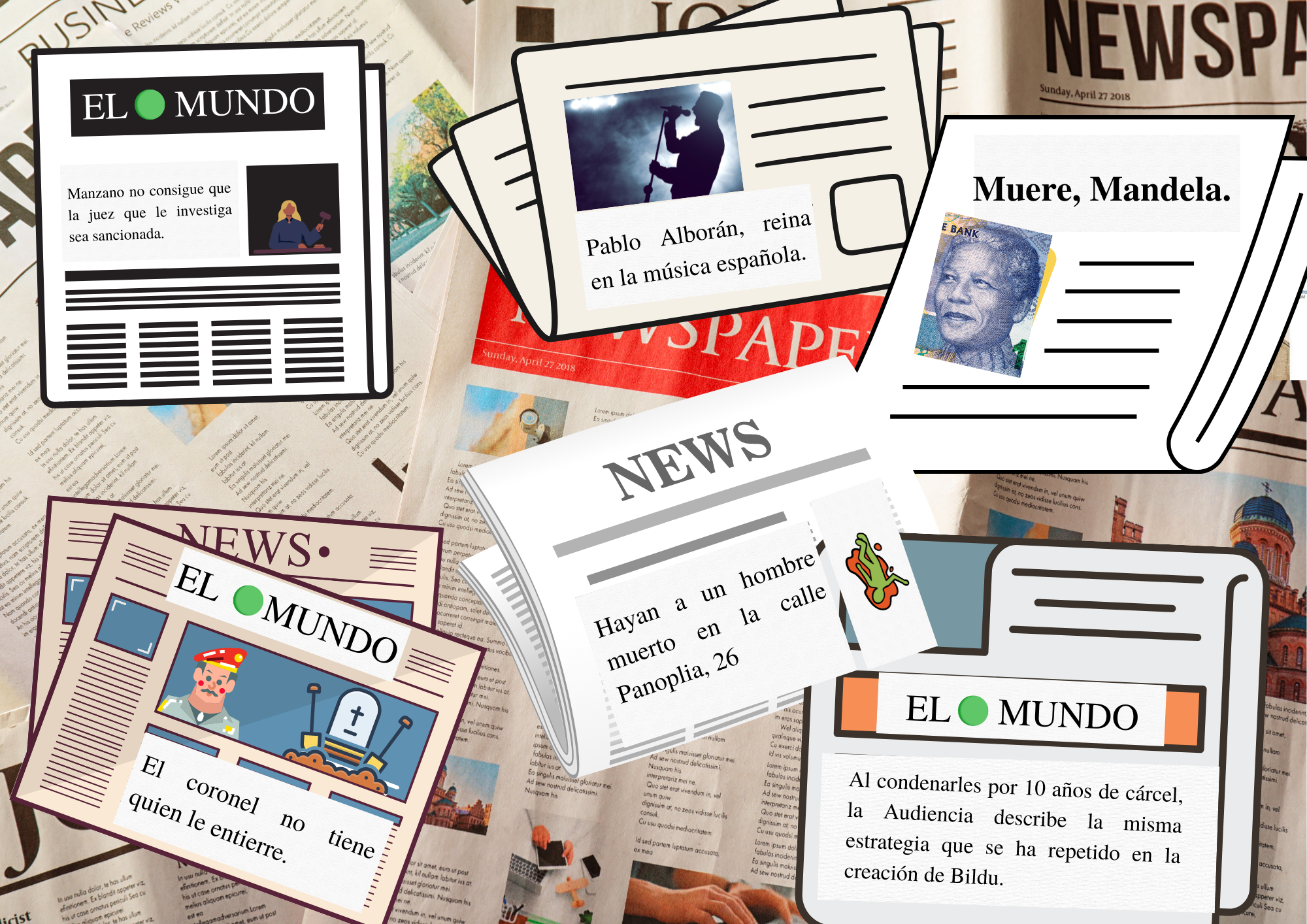 La imagen muestra recortes de prensa en diversas imágenes que simulan periódicos